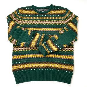 Heavyweight Wool Blend Green Yellow Fair Isle Crewneck Elbow Patch Sweater Large